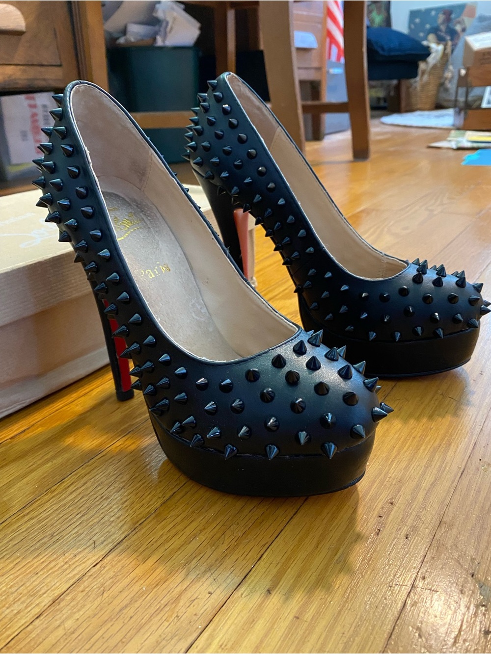 Black Spiked Platform Stilettos with Red Sole